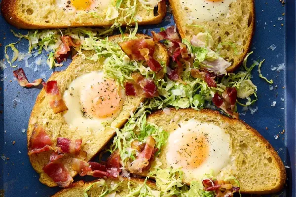 Sheet Pan Egg in a Hole with Bacon and Brussels Sprout Slaw