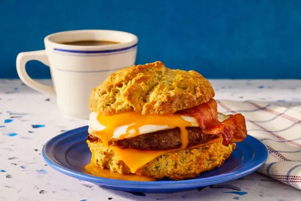 Super Meat Lovers Cheddar Biscuit Breakfast Sandwich