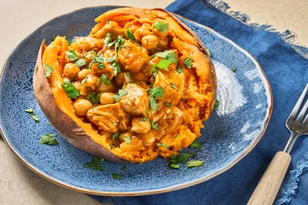 Chicken and Chickpea Curry Stuffed Sweet Potatoes