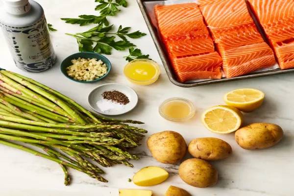 Garlic Butter Roasted Salmon with Potatoes & Asparagus