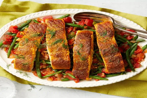 Spice Seared Salmon with Greek-Style Green Beans