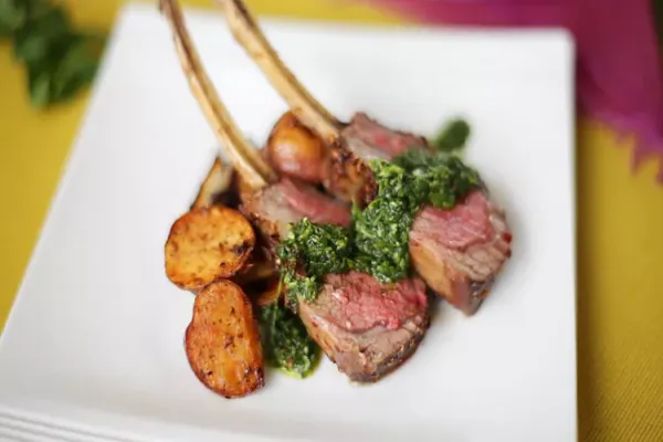 Spice Crusted Roast Rack of Lamb with Cilantro-Mint Sauce