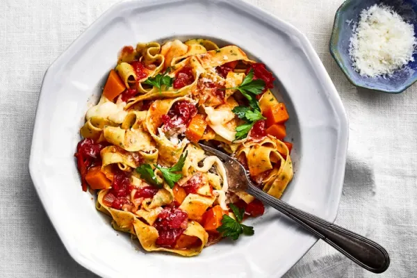 Parsley Egg Noodles with Squashand Tomato Sugo