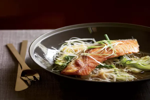 Pan Seared Salmon with Bok Choy and Rice Noodles