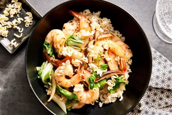 Shrimp and Bok Choy Stir-Fry with Crispy Noodles