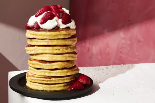 Fluffy Pancakes with Masa Harina, Strawberries, and Cream