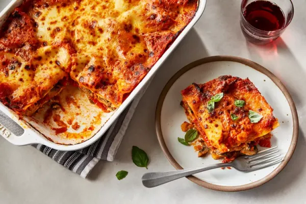 Three Cheese Lasagna with Roasted Red Peppers and Mushrooms