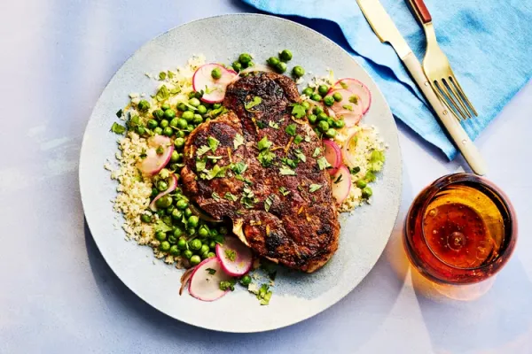 Spiced Pork Chops with Buttery Peas, Radishes, and Mint