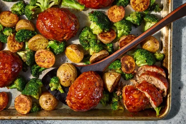 Sheet Pan Chipotle Meatloaves with Lemon Roasted Potatoes and Broccoli