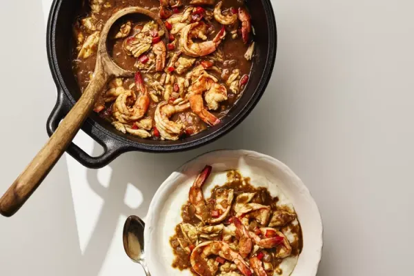 Smothered Shrimp and Crabmeat Gravy with Rice Grits