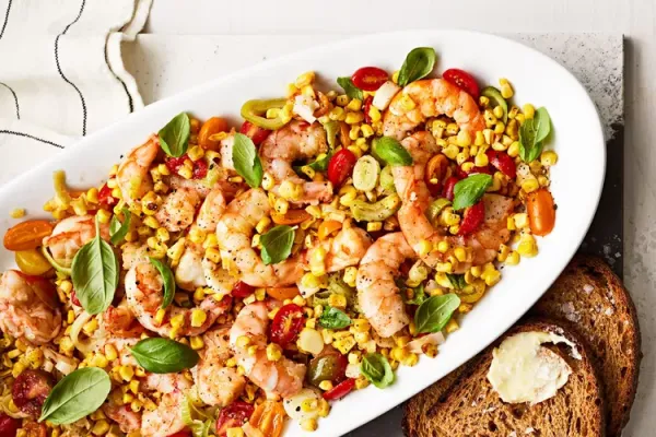 Shrimp with Roasted Corn, Leeks, Tomatoes, and Basil