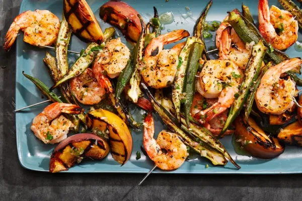 Shrimp and Okra Kebabs with Grilled Peaches and Jalapeño Bourbon Vinaigrette