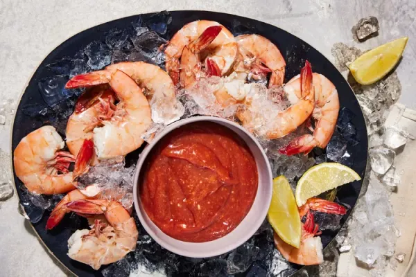 Lemon and Garlic Poached Shrimp with Barbecue Cocktail Sauce