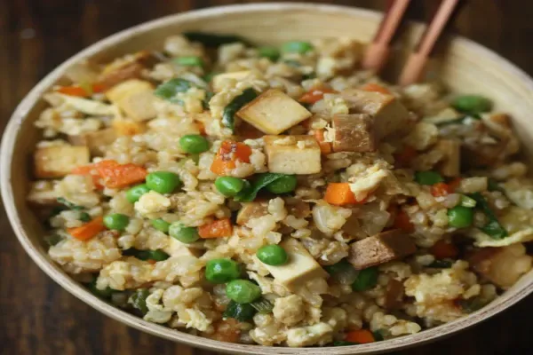 Smoked Tofu Fried Brown Rice with Sweet Peas