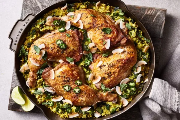 Coconut Braised Chicken and Rice with Collard Greens