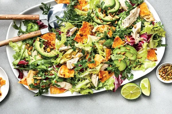 Peppery Greens Salad with Avocado, Chicken, and Tortilla Croutons