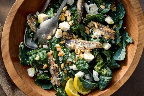 Kale Salad with Ricotta Salata, Pine Nuts, and Anchovies