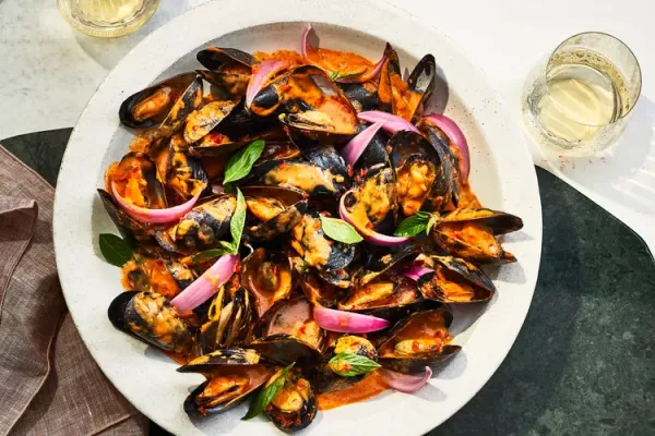 Mussels with Harissa and Basil