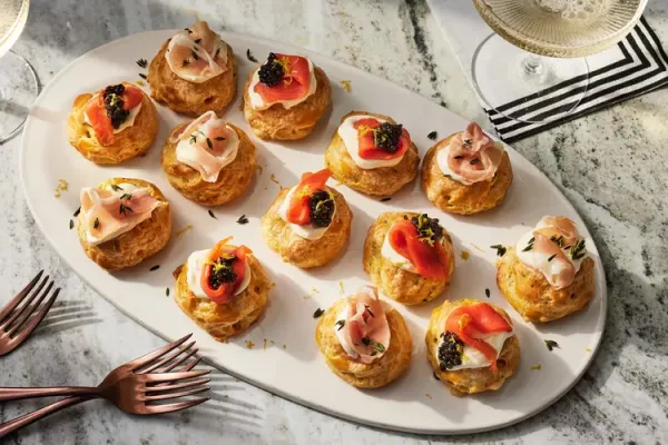 Gougères with Smoked Salmon, Caviar and Prosciutto