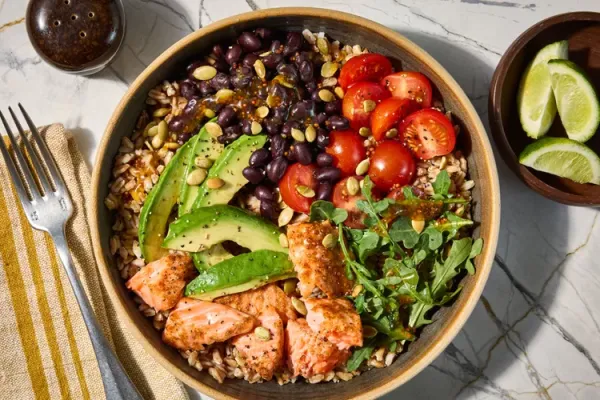Salmon and Farro Bowl with Honey Mustard Dressing