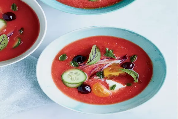 Tomato Soup with Feta, Olives and Cucumbers