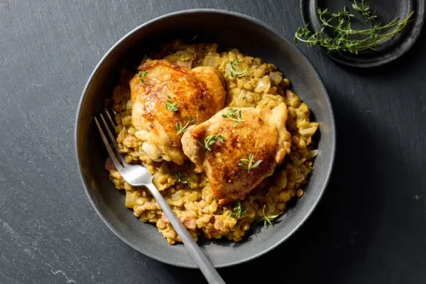 Roast Chicken Thighs with Lentil Stew